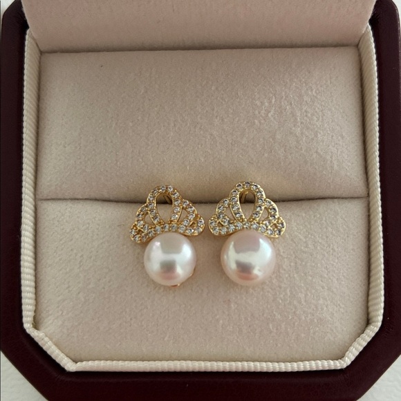 Handmade Jewelry - Gold Pearl Stud Earrings | Sparkling Crystal Accent | Christmas Gift for Her